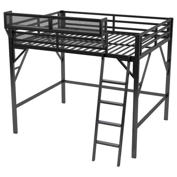 English Elm Queen Size Metal Loft Bed with Ladder and Built-In Storage Shelves, High Durable Black Frame, 400LB Capacity W2580P316650