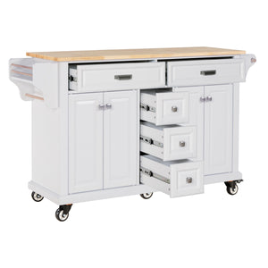 English Elm Kitchen Island durable rubberwood countertop kitchen cart on casters with towel rack, spice shelf, 5 drawers and adjustable shelving for organized meal prep and mobility White W914S00002