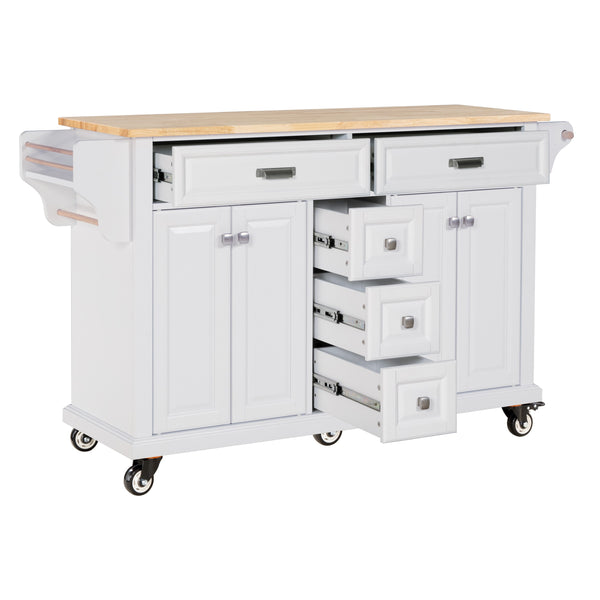 English Elm Kitchen Island durable rubberwood countertop kitchen cart on casters with towel rack, spice shelf, 5 drawers and adjustable shelving for organized meal prep and mobility White W914S00002