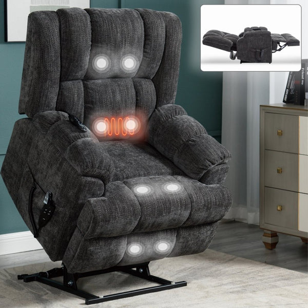 English Elm Dual Motor Power Lift Recliner Chenille Chair with Massage Heat and Infinite Positions Grey W3224P288492