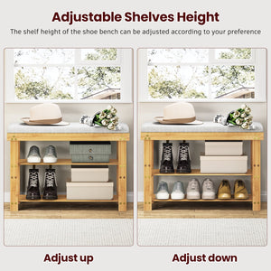 English Elm Bamboo 3-Tier Shoe Bench with Cushion & Adjustable Shelves, Durable Bamboo Frame, Khaki, 27.5" W T3210P293769