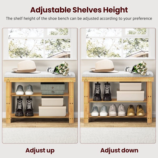 English Elm Bamboo 3-Tier Shoe Bench with Cushion & Adjustable Shelves, Durable Bamboo Frame, Khaki, 27.5" W T3210P293769