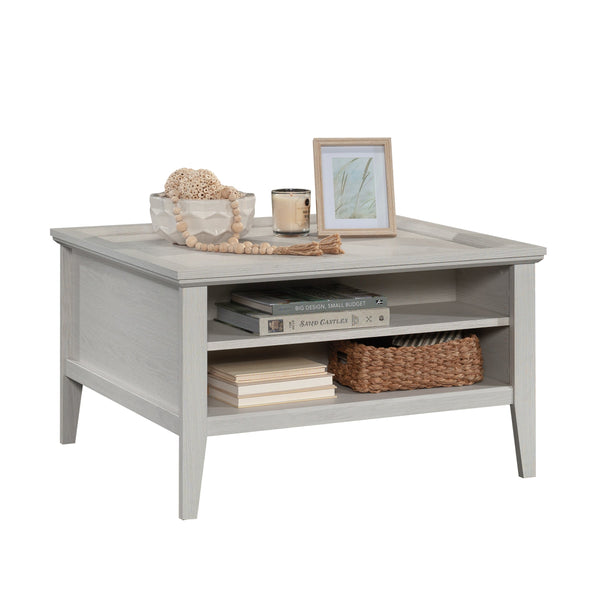 English Elm Coffee Table with Spacious Drawer and Open Shelf, Engineered Wood, Rustic-Modern Farmhouse Charm, Sturdy Design LIGHT GREY B356P354459