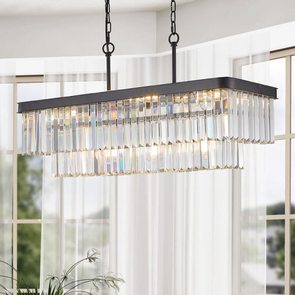 English Elm Chandeliers,Rectangular Crystal Chandelier Adjustable Modern Industrial Iron Frame Pendant Light for Kitchen Dining Room Bedroom PMID Black W2312P368690