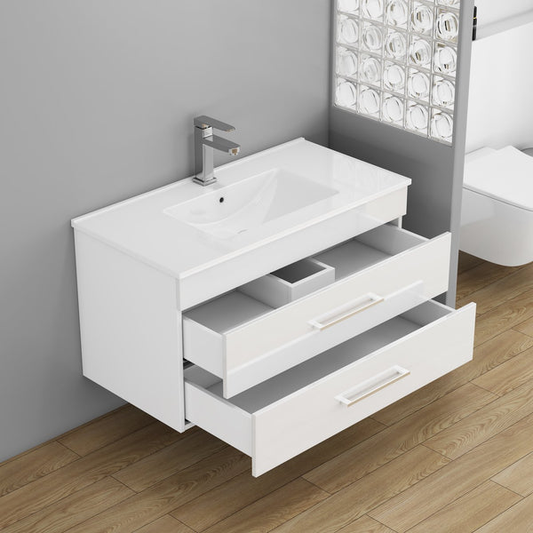 English Elm 36-Inch Modern Wall-Mounted Bathroom Vanity With Soft-Close Drawers & Glossy White Ceramic Sink W3151S00050