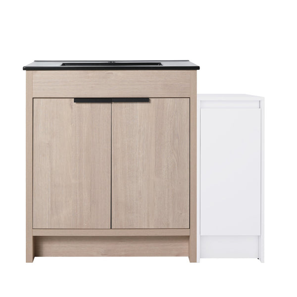 English Elm 42 Inch Freestanding Bathroom Vanity With Black Ceramic Sink & Ample Storage, Soft-Close Doors W999S00305