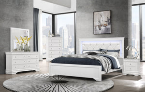 English Elm SHAKER Crystal-Tufted King Bed with LED Lighting, Padded Panel Headboard, Solid Wood/MDF Elegance White 84.25 L x 35.43 W x 7.68 H B201S00323