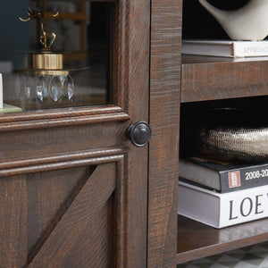 English Elm 2 Door Farmhouse Media Console with Glass Cabinet Panels and Open Shelving for Living Rooms W2275P389693
