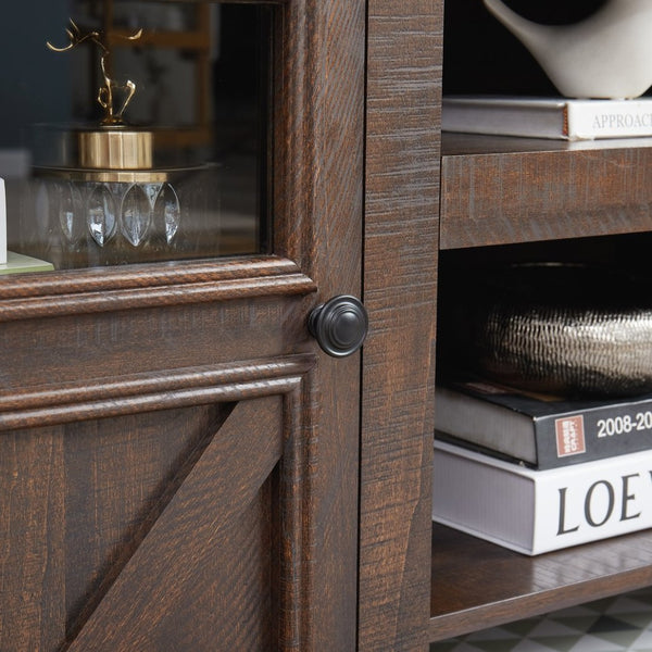 English Elm 2 Door Farmhouse Media Console with Glass Cabinet Panels and Open Shelving for Living Rooms W2275P389693