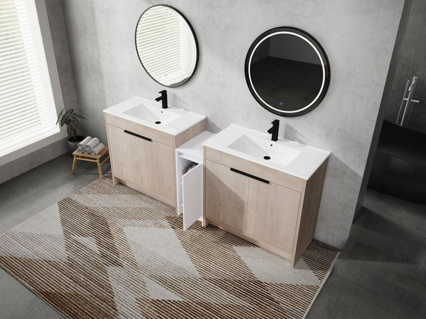 English Elm 84 Inch Freestanding Bathroom Vanity with Integrated Resin Sink, Soft-Close Doors, Shelves & Extra Storage Space Glossy White,Plain Light Oak W999S00320