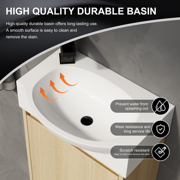 English Elm 16" Bathroom Vanity Sink Combo for Small Spaces — Compact Engineered Wood Cabinet with Ceramic Basin, Moisture-Resistant Finish and Hidden Handle, Easy Assembly Oak W1972P190339