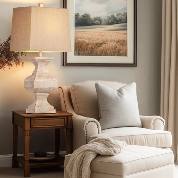 English Elm 33-inch Vintage Resin Table Lamp Beige & White, Rustic 33" Side Lamp with LED Bulb for Cozy Living Rooms W3355P391641