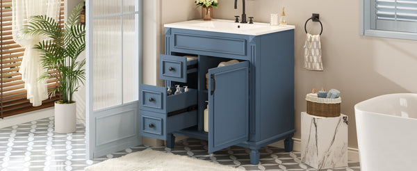 English Elm 30" Bathroom Vanity With Elegant Ceramic Sink – French-Inspired Design, Soft-Close Drawers & Storage N710P323328C