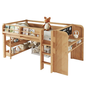 English Elm Twin Low Loft Bed Solid Pine Frame Kids Study Desk Blackboard Storage White W1580S00574