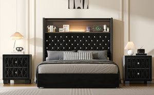 English Elm Full Velvet Wingback Platform Bed Tufted Headboard Shelf Usb Port Rivet Trim N733P368653B