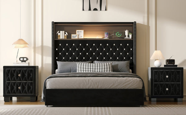 English Elm Full Velvet Wingback Platform Bed Tufted Headboard Shelf Usb Port Rivet Trim N733P368653B