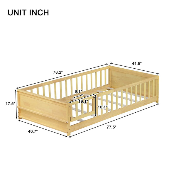 English Elm Twin Size Floor Bed With Book Rack & Fenced Door For Cozy Playtime, Natural Finish Design & Assembly W504P345771-GIGA