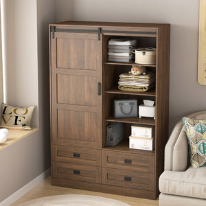 English Elm Tall Farmhouse Wardrobe Armoire with Sliding Barn Doors Drawers and Hanging Rod Wood W1321S00050