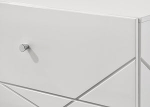 English Elm 1pc Modern Geometric Chest of Drawers with High-Gloss Finish, Sleek Hardware, Spacious Storage and Style White 34.3 L x 21.3 W x 47 H B2741P323488