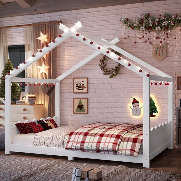English Elm Twin House Frame Floor Bed Solid Pine Kids Room Montessori Low Profile Play Nook W1580P387839