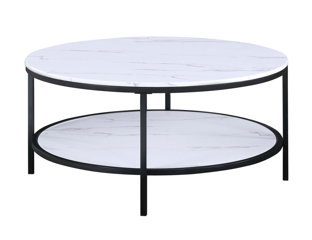 English Elm 3pc Modern Cocktail Set Black Finish — 38" Round Coffee Table + 2 End Tables, Sleek Living Room Style B011S01455
