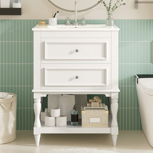 English Elm 24'' Retro Bathroom Vanity Mdf Cabinet with Ceramic Sink Open Shelf and 2 Drawers White N710P405414K