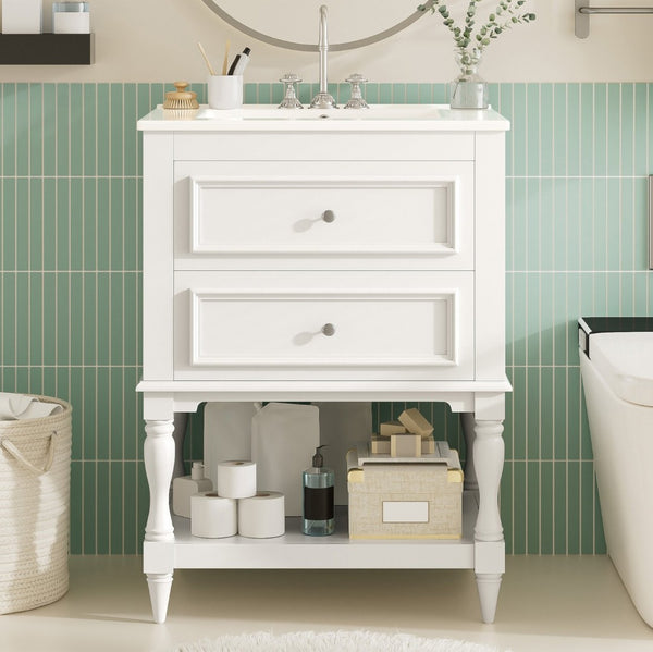 English Elm 24'' Retro Bathroom Vanity Mdf Cabinet with Ceramic Sink Open Shelf and 2 Drawers White N710P405414K