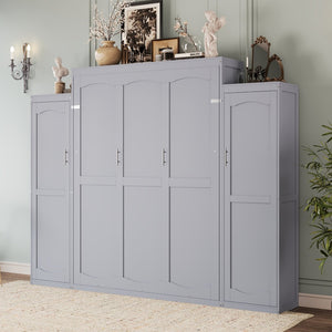 English Elm Queen Murphy Wall Bed Gray Pine Platform Frame with Dual Wardrobe Storage Shelves N733S339767E