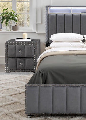 English Elm Beige Fabric Upholstered Nightstand with Channel Tufting Nailhead Trim and Crystal Knobs Dark Gray B2741P421105