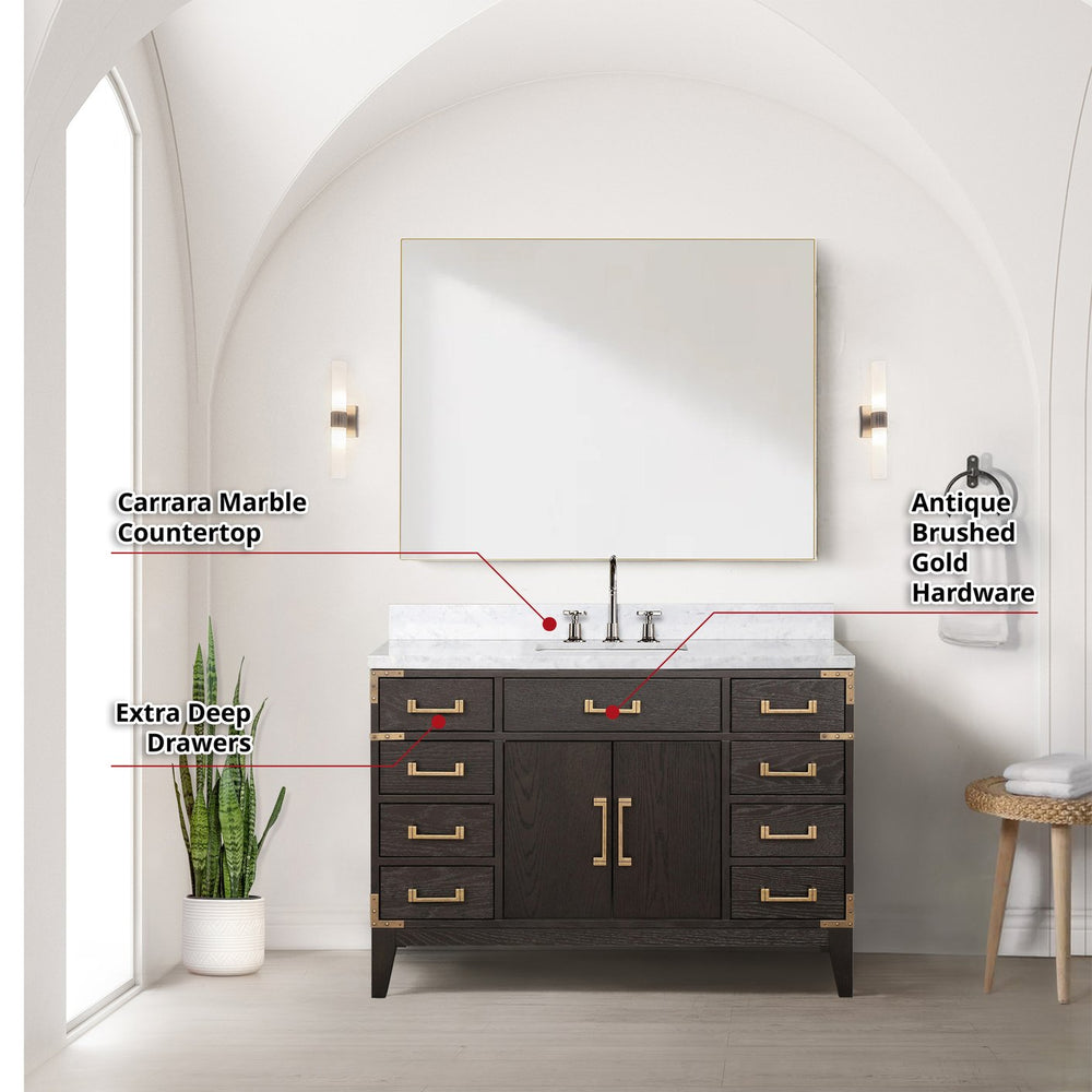 English Elm Brown Oak 48 in Single Bath Vanity with Polished Carrara Marble Top, Chrome Faucet & 46 in Mirror B2731S02014