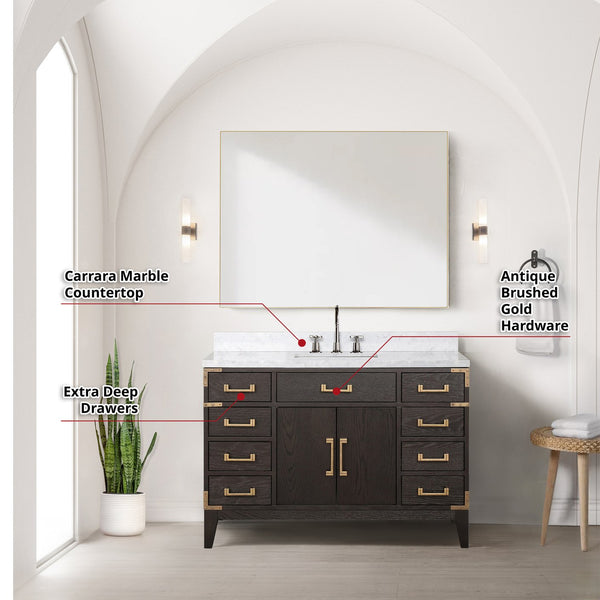 English Elm Brown Oak 48 in Single Bath Vanity with Polished Carrara Marble Top, Chrome Faucet & 46 in Mirror B2731S02014