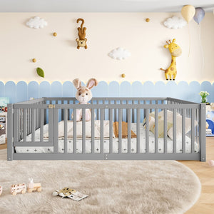 English Elm Queen Kids Floor Bed Pine Wood Frame with Safety Rails Door and Low Profile Design Gray W1580P418053