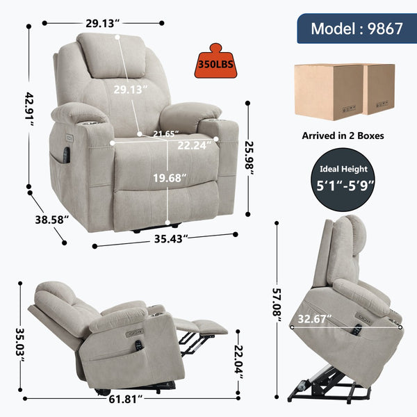 English Elm Up to 350 Lbs Chenille Power Lift Recliner with Massage Heating and Usb Charging Ports Beige W3224S00027