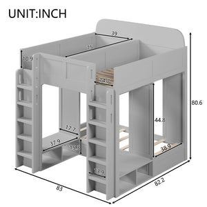 English Elm Triple Bunk Bed Wood Frame with Built in Shelves Hooks for Shared Kids Rooms Gray N7090004027E