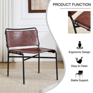 English Elm Retro Brown PU Leisure Chair Set of 2 – Faux Leather Armless Lounge Chairs with Black Metal Legs, Breathable Textured Design, Easy Assembly W3112P262798