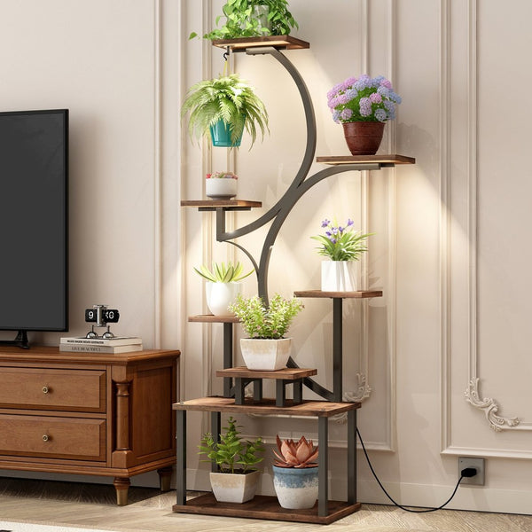 English Elm Plant Stand with Full Spectrum Grow Lights 8 Tier S Shaped Iron Corner Display Rack Black+Brown W2641P446499