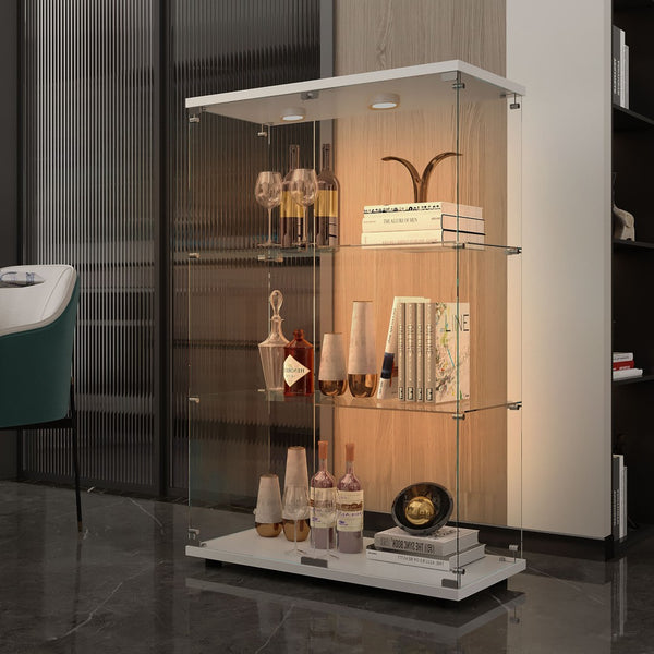 English Elm Tempered Glass Display Cabinet – Versatile Wine & Storage Case With Color-Changing Light & Casters W3155P291596-GIGA