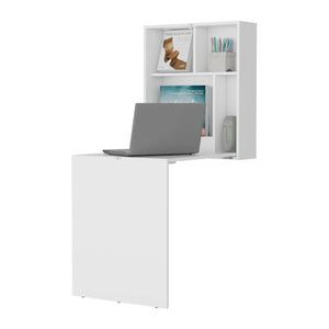 English Elm White Wall-Mounted Drop-Leaf Table with 4 Spacious Shelves, Foldable Space-Saving Modern Storage B062P290227