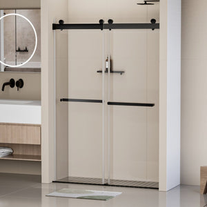 English Elm 44-48 in Frameless Double Sliding Shower Door Clear Tempered Glass Matte Black Hardware W1920P181714