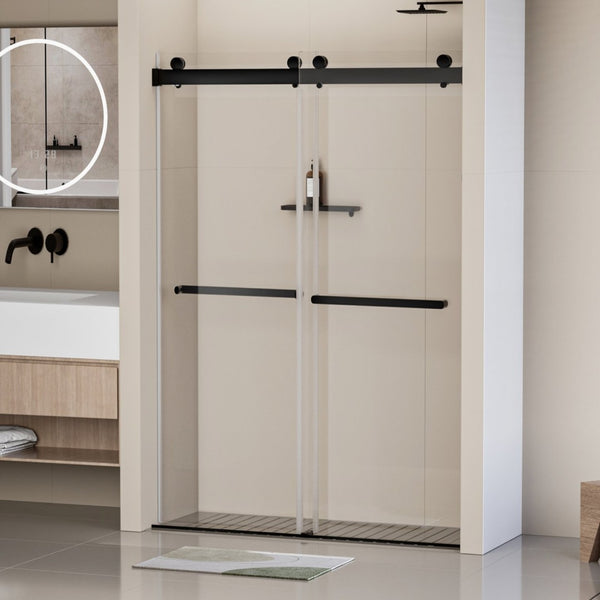 English Elm 44-48 in Frameless Double Sliding Shower Door Clear Tempered Glass Matte Black Hardware W1920P181714