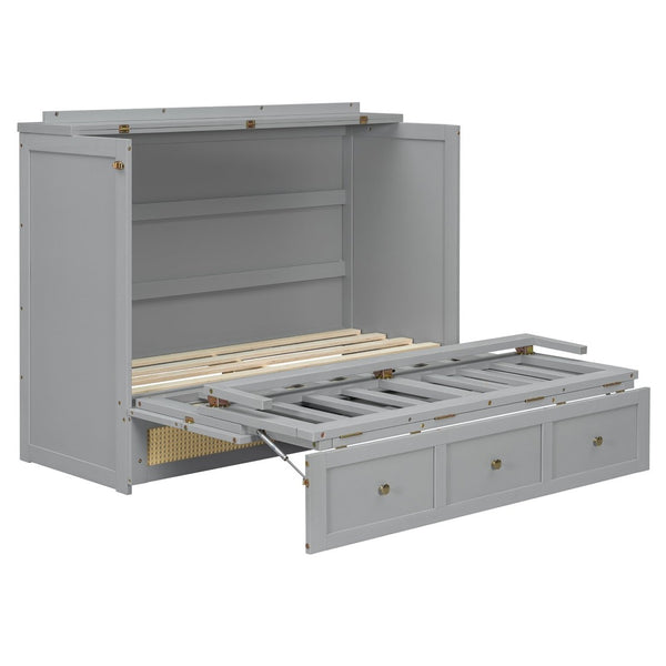 English Elm Full Size Murphy Wall Bed Cabinet with Rattan Panel Detailing and Storage Drawers Gray N708P336203E