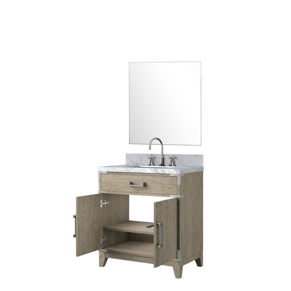 English Elm Grey Oak 30" Single Bath Vanity Set With Carrara Marble Top, 28" Mirror & Chrome Faucet Included B2731S02005