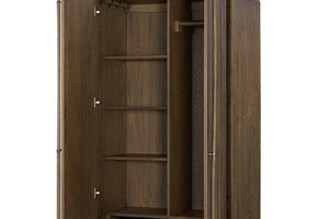 English Elm Armoire Latte Solid Wood+MDF Wardrobe with 2 Cedar-Lined Drawers, 4 Shelves, Rod & 5 Hooks, Mid-Brown Finish B2699P346314