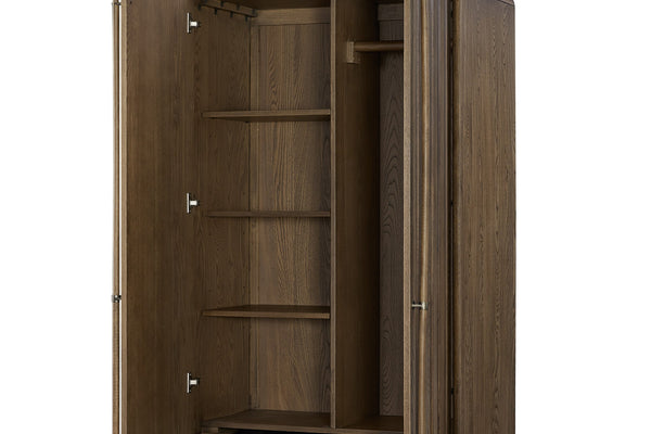 English Elm Armoire Latte Solid Wood+MDF Wardrobe with 2 Cedar-Lined Drawers, 4 Shelves, Rod & 5 Hooks, Mid-Brown Finish B2699P346314