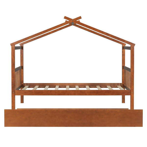 English Elm Twin House Bed with Pull Out Trundle Solid Pine Wood Frame Walnut Kids Room N708P309238L