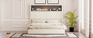 English Elm Queen Velvet Tufted Wingback Platform Bed Tall Headboard with Usb Charging Shelf Beige N733P367135A