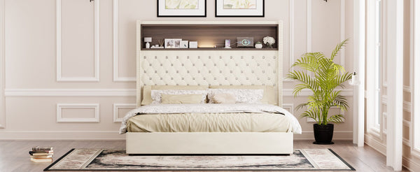 English Elm Queen Velvet Tufted Wingback Platform Bed Tall Headboard with Usb Charging Shelf Beige N733P367135A