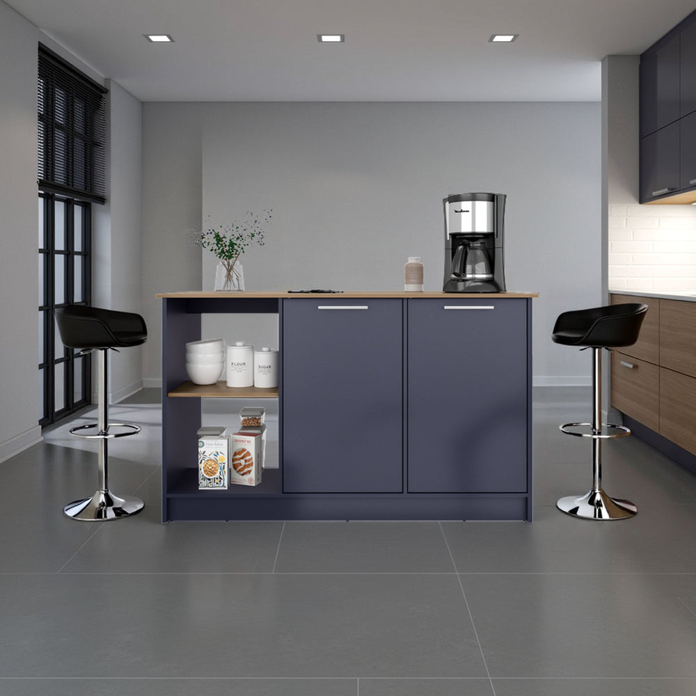 English Elm Kronos Modern Blue And Natural Oak Kitchen Island With Ample Storage, Open Shelves, And Stylish Design B062S01387