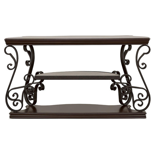 English Elm Gretta Merlot console table with bronze scrollwork legs, polished wood shelves, elegant hallway focal piece B062P333395