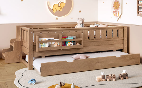 English Elm Twin Kids Platform Bed with Trundle Staircase Bookshelf and Rounded Safety Rails Natural W1580S00558